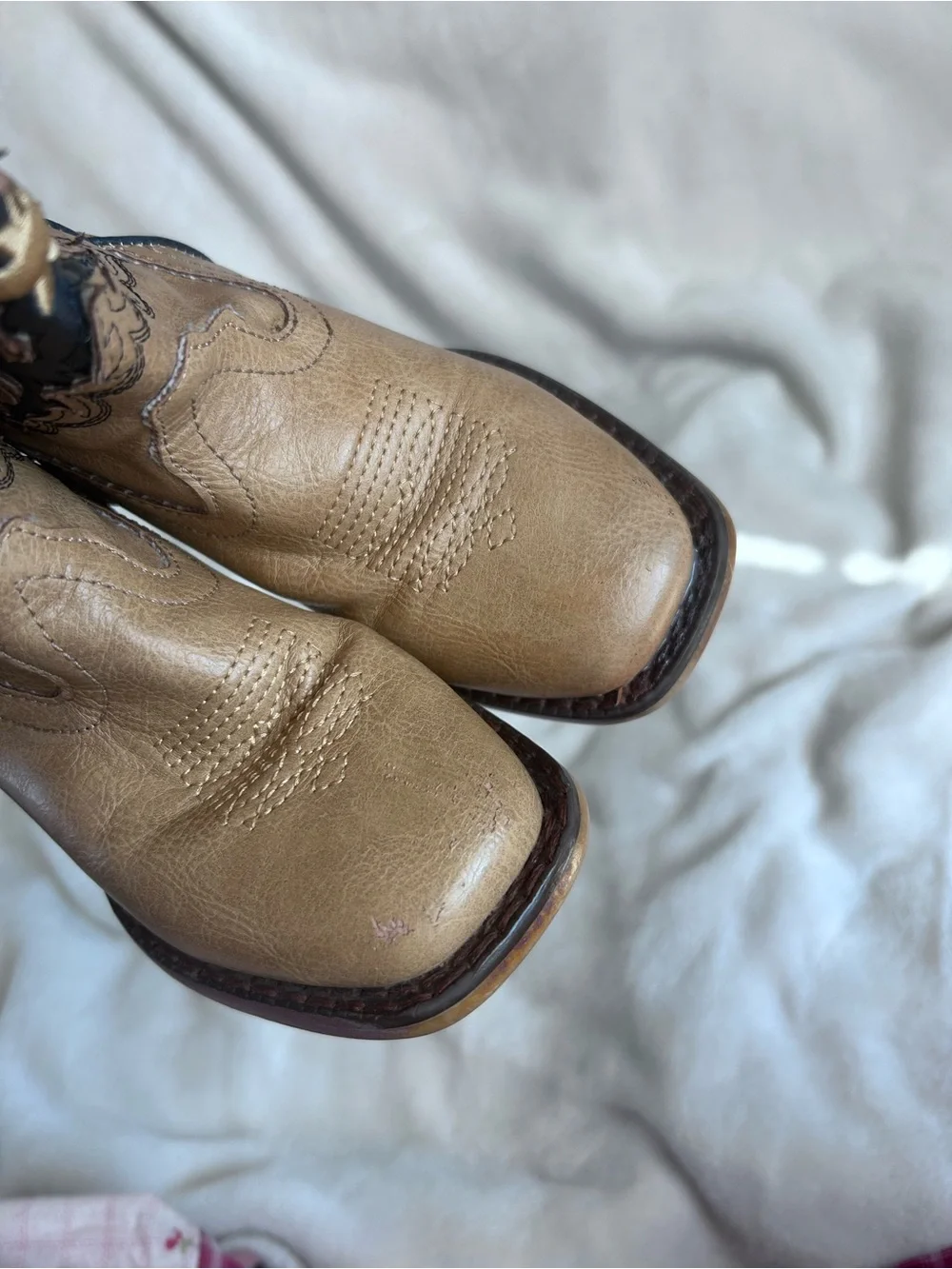 Roper Kids’ Amos Western Tan Faux Leather Western Cowboy Boots with Black Inlay